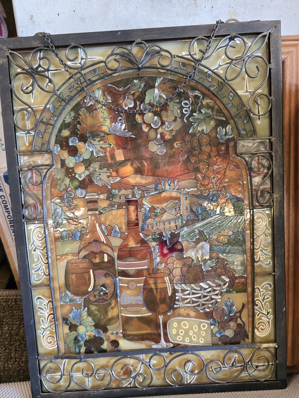 Antique Stained Glass Wine & Vineyard Scene - Warm Amber Tones...Perri Edition